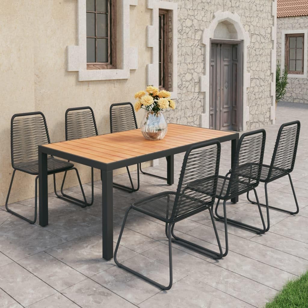 7 Piece Patio Dining Set PVC Rattan Black and Brown,Outdoor Garden Dining Furniture Set Durable Rattan and Steel with Aluminum and WPC Table Patio Furniture Sets, Outdoor Furniture Sets
