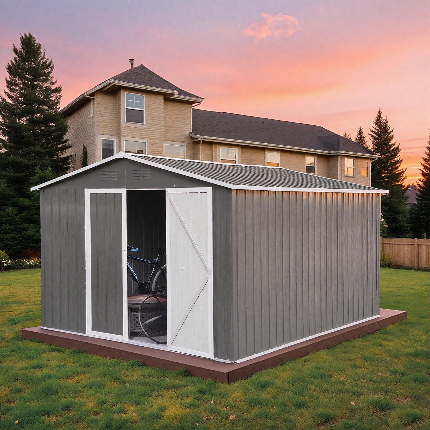 10 x 8 FT Outdoor Storage Shed, Metal Garden Tool Shed with Slooping Roof, Lockable Doors and Aluminum Frames, Easy to Assemble for Garden, Patio, Lawn, Grey