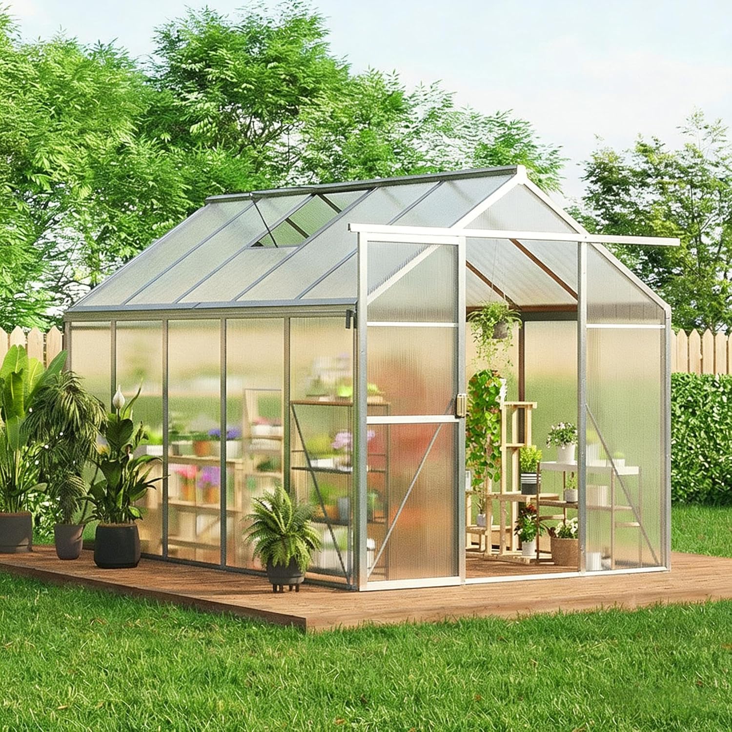 Greenhouse, 6x10 FT Greenhouse for Outdoors, Walk-in Green House with Ground Nails and Vent Windows, Sliding Lockable Door, Polycarbonate Greenhouses for Outside Garden Backyard, Quick Setup, Silver