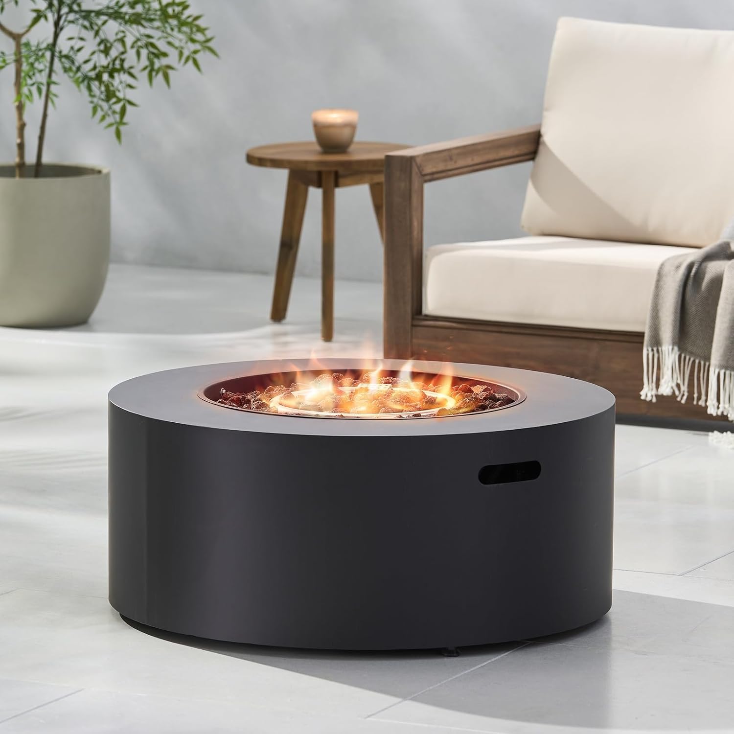 Penau 32 Inch Round Iron Propane Fire Pit, 40,000 BTU, Smokeless Design, Quick Ignition, No Assembly, Dark Grey