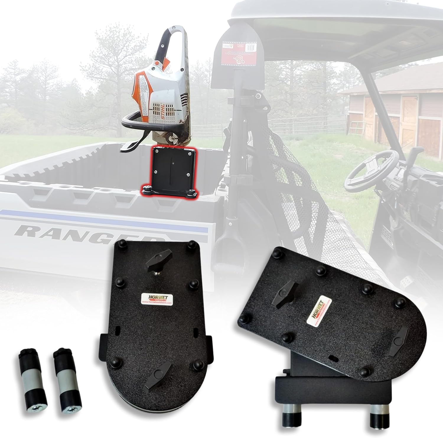 Polaris Ranger Chainsaw Carrier Machined Scabbard Steel Powder Coated Made in USA Patent Pending