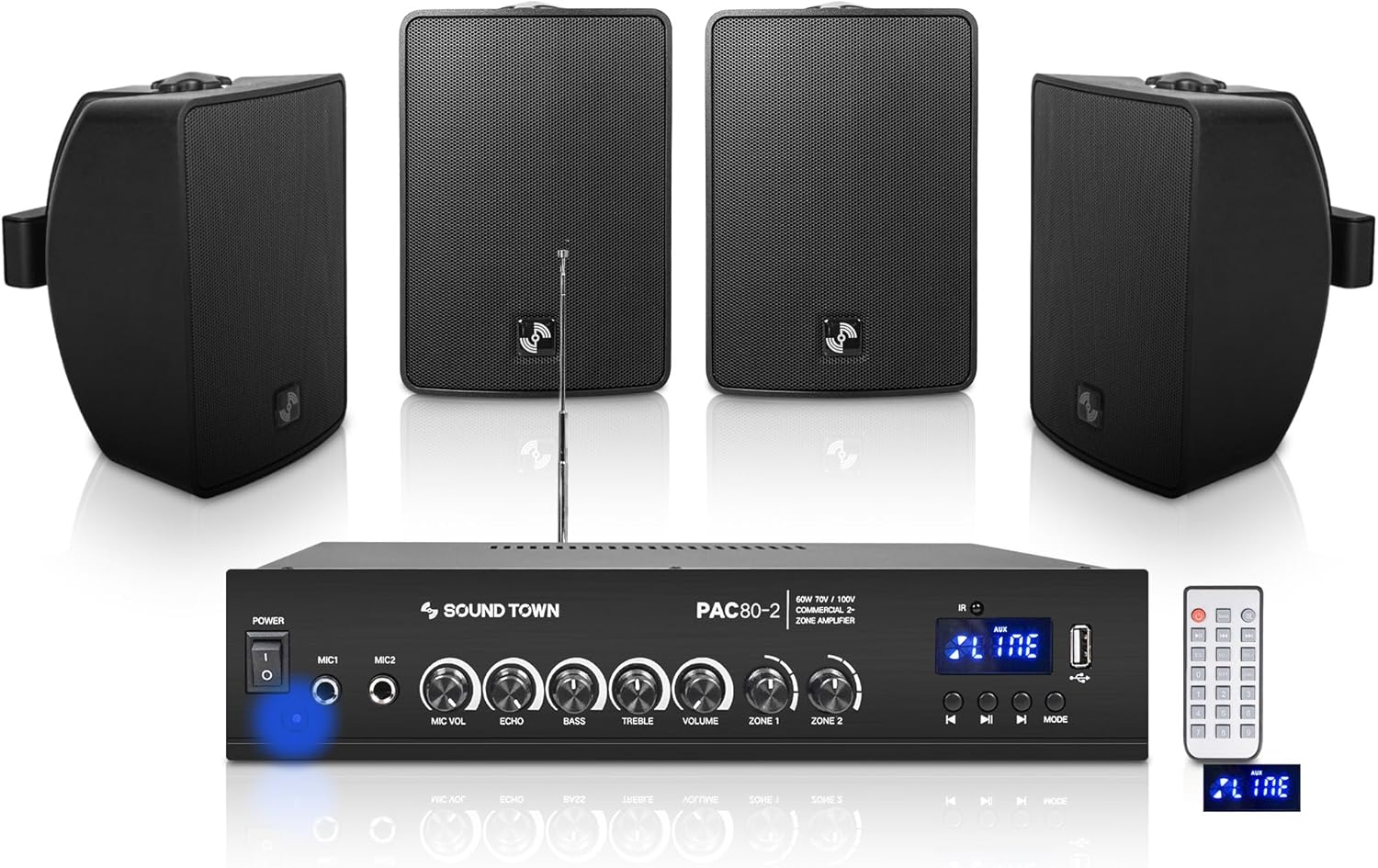 Sound Town Commercial Restaurant Bluetooth Amplifier + Surface-Mount Speaker Set, with One 2-Zone 70V/100V Amplifier with Bluetooth, 4 x 4.5-Inch Surface-Mount Speakers, Black (PAC80X4TV4B)