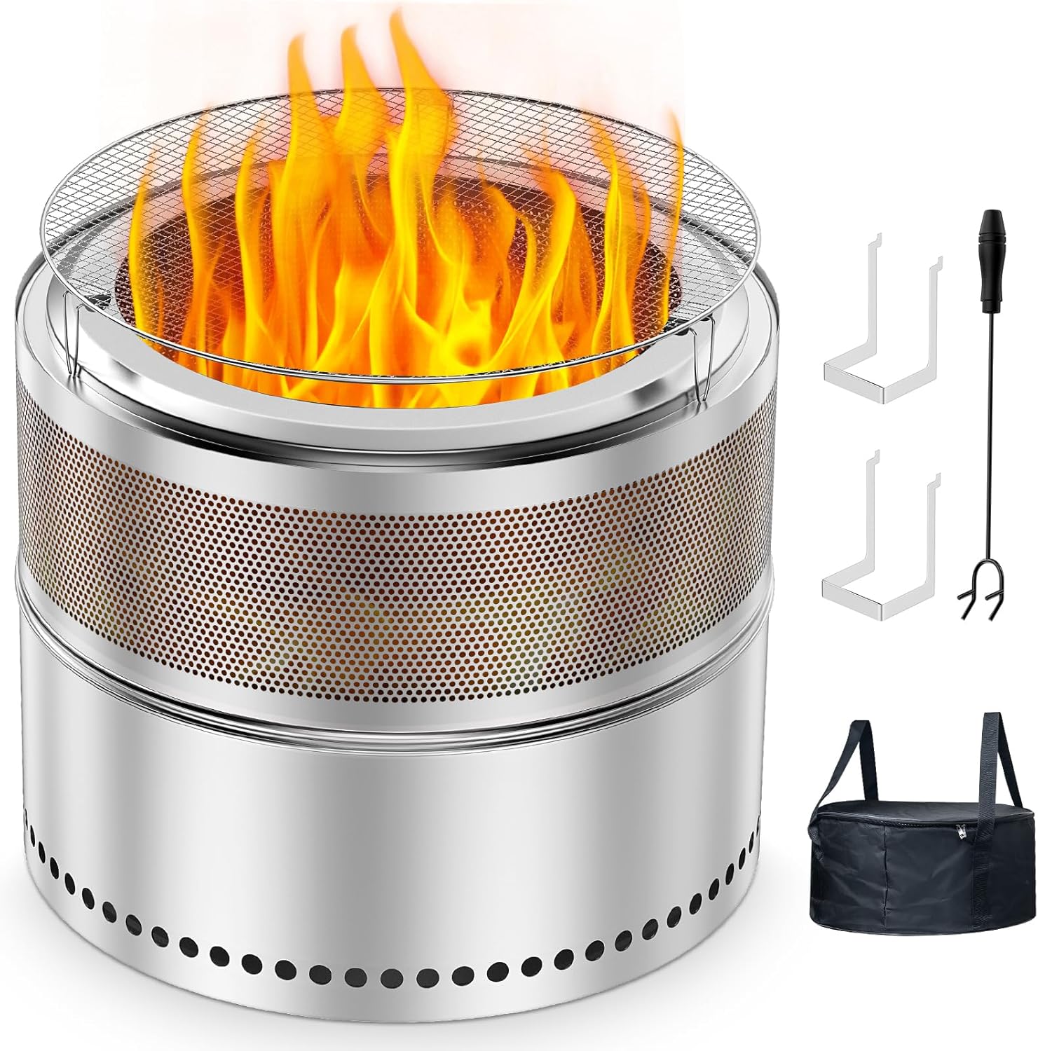 20 Inch Smokeless Fire Pit, Outdoor Double-Wall Airflow Stainless Steel Firepit with Grill Rack & Ash Pan, 360° Airflow Bonfire Stove Design, Efficient Wood Burning, Portable for Camping & Gatherings