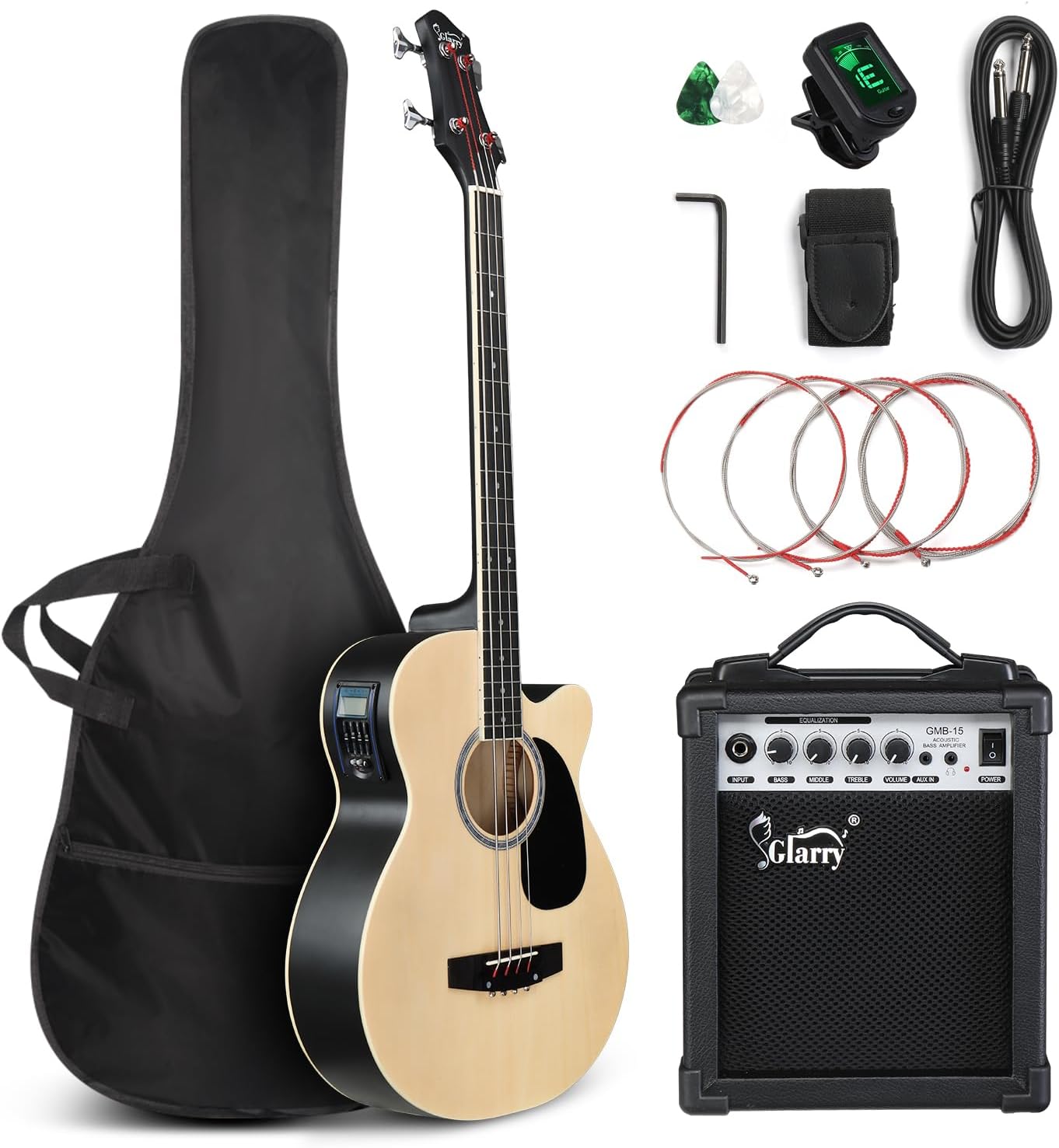 GLARRY Full Size Acoustic Electric Bass Guitar Beginner Kit w/ 15W Amp, Cutaway 4 Strings Electric Acoustic Bass Guitar w/Inbuilt Tuner, Bag, Strap, Picks, Strings, Bass Guitarra，Matte Natural