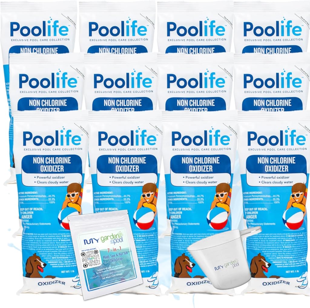 Poolife Non-Chlorine Oxidizer 12 lb – Fast-Acting Shock for Clear Water – Ideal for Bromine Pools – Includes 2 Scum Socks and 7-in-1 Test Strips - 12 Pack