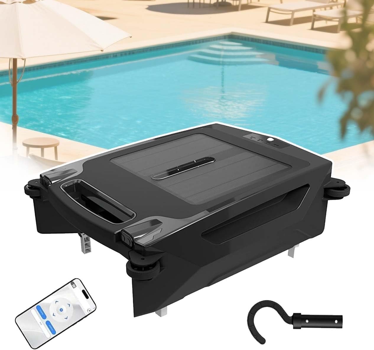Pool Skimmer Robot with Solar Panel & Rechargeable Battery – Cordless Cleaner with App, Auto Obstacle Avoidance, Dual Speed, 3.4L Basket for Large & Small Pools, IPX7 Rated