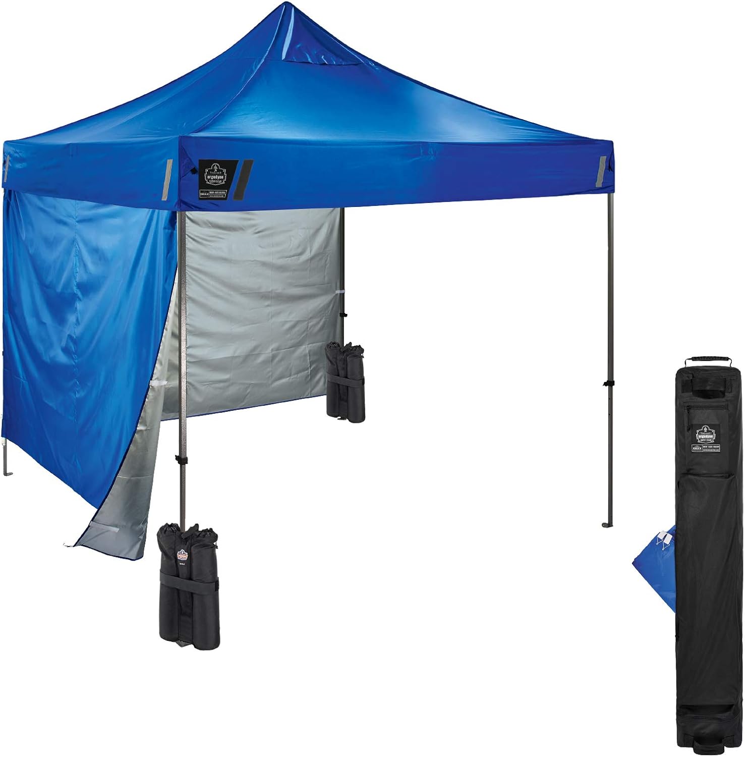 Pop Up Canopy Kit- Includes Tent, 2 Weight Bags & 2 Side Panels, 10' x 10' Shaded Area, Peak Height 14', Ergodyne Shax 6051,Blue