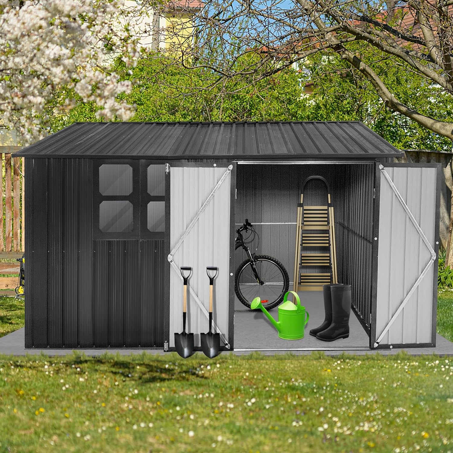 Shed with Windows，Metal Garden Tool Shed Upgraded Frame Structure Lockable Door Weather-Resistant Metal for Backyard Garden Patio Lawn Gray Outdoor Large Capacity Storage (Black, 10 FTx 8 FT)
