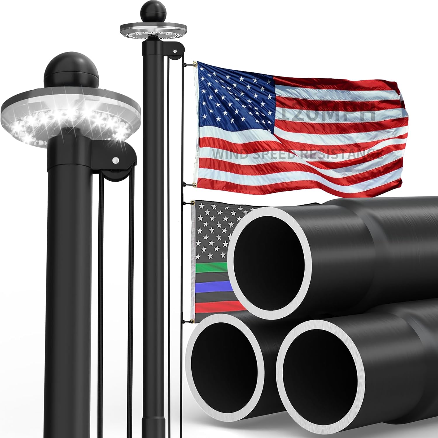 25 FT Black 11‑Gauge Heavy Duty Flag Pole with Solar Light, Aluminum Flagpole Kit with 3x5 Embroidered USA Flag for Outside House In‑Ground,Commercial,Residential,Resistance High Winds