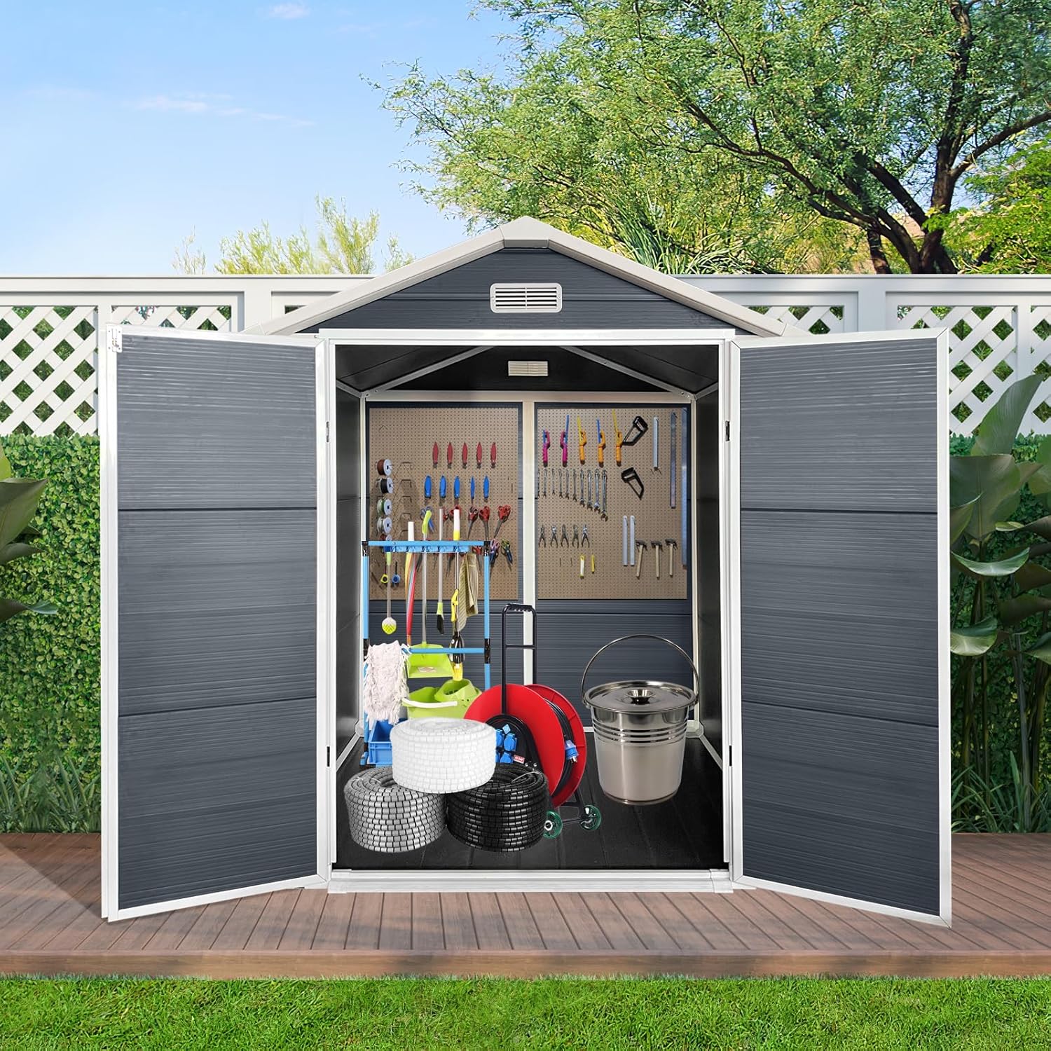 GOWE 6ft x 6ft Plastic Outdoor Storage with Floor and Lockable Door Plastic Garden Shed for Backyard, Lawn, Cold Grey