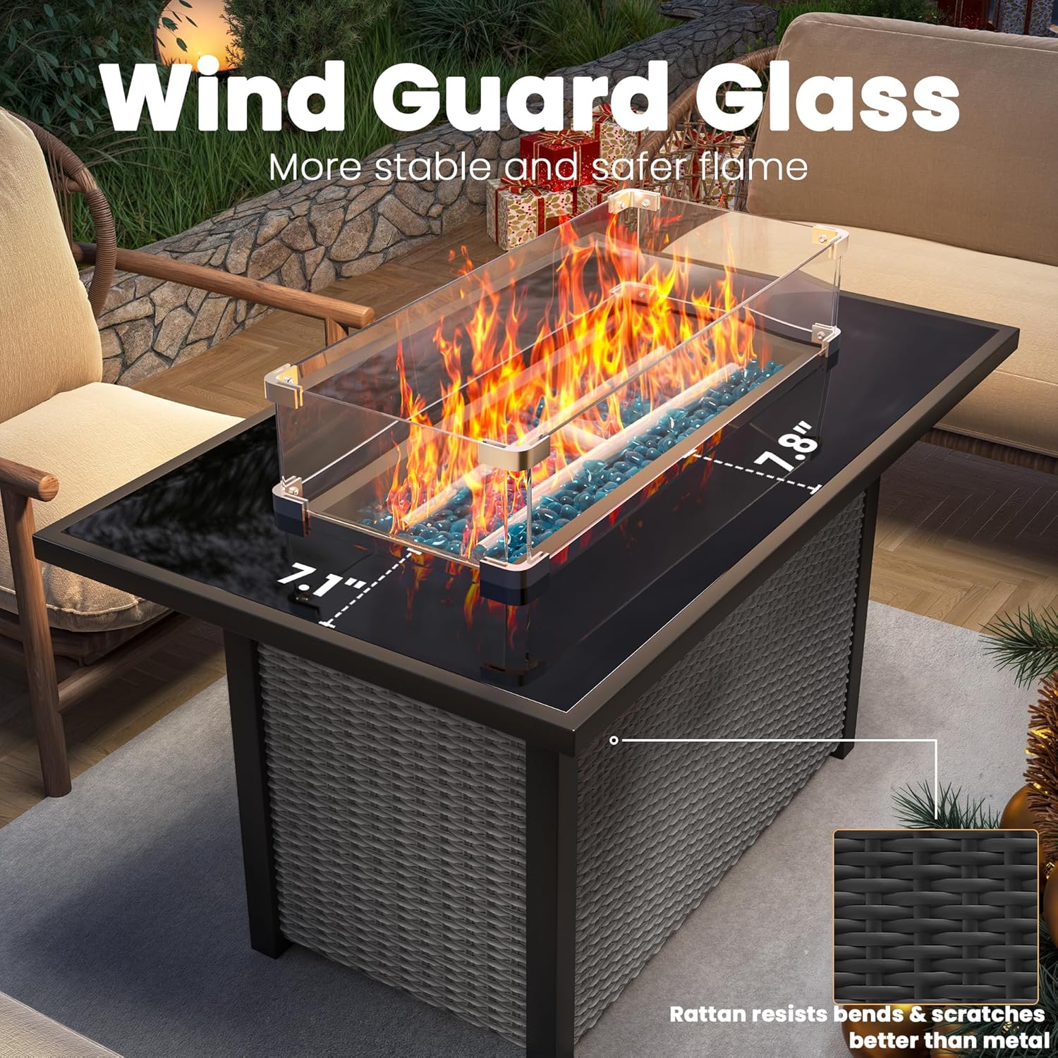 43-Inch Propane Fire Pit Table, Rattan Rectangular Outdoor Gas Fire Pit W/Glass Wind Guard, Tempered Glass Tabletop & Lid, CSA Listed, 60,000 BTU, 304 Stainless Steel H-Burner, for Outside Patio,Black