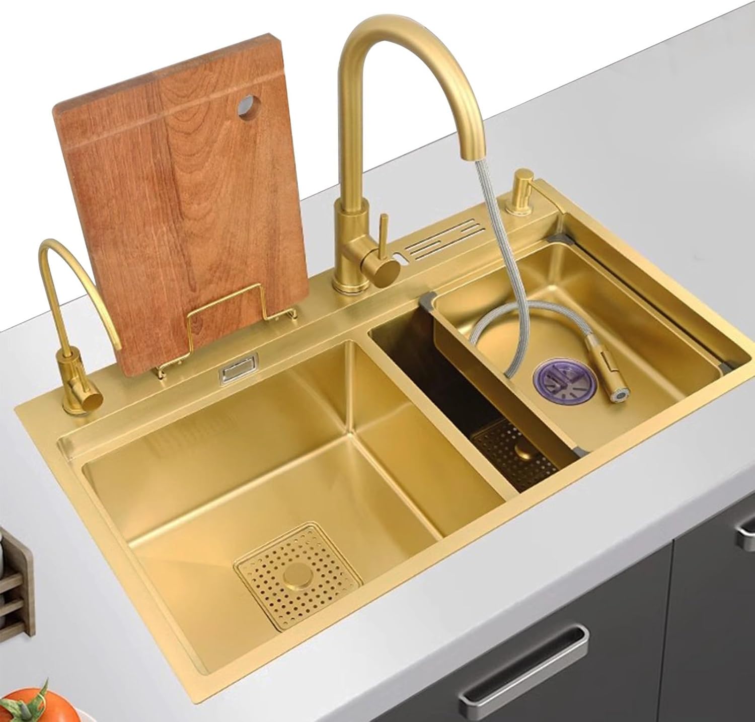 Kitchen Sink Tap,Golden Stainless Steel Sink Kitchen Double Bowl Sink Large Capacity Sink Golden Faucet Including Soap Dispenser and Other Accessories (82x46x24cm)