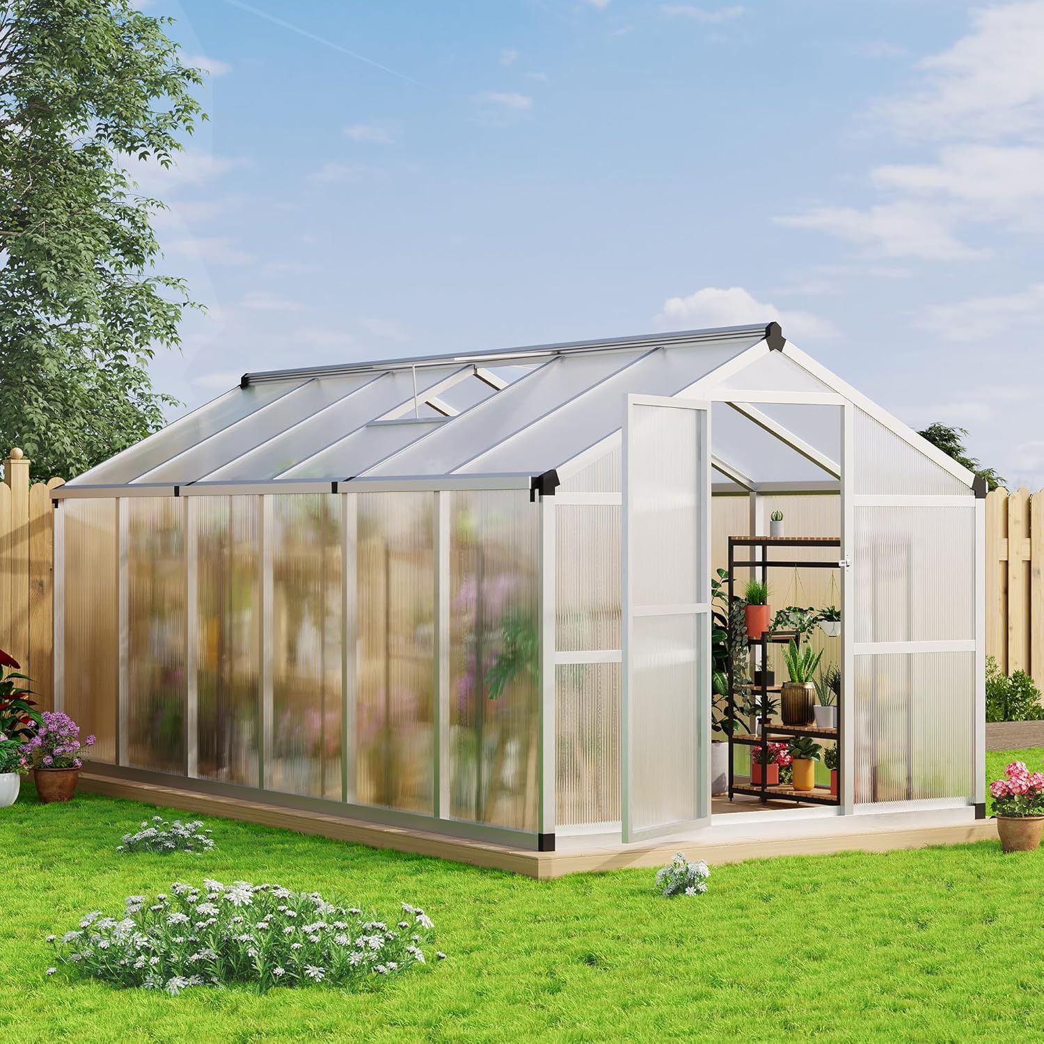 8x12 FT Greenhouse - Large Aluminum Greenhouses for Outdoors, Heavy Duty Polycarbonate Greenhouse with Roof Vent&Ground Nails, Walk-in Green Houses for Garden, Backyard, Patio, Easy Assembly