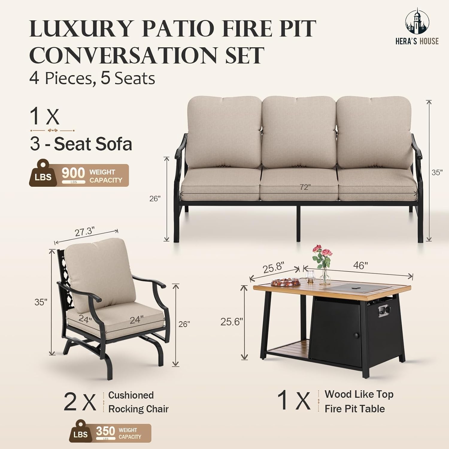 HERA'S HOUSE 4 Pieces Patio Furniture Set with Fire Pit Table, 2 x Rocking Chair, 3-Seat Sofa with 46