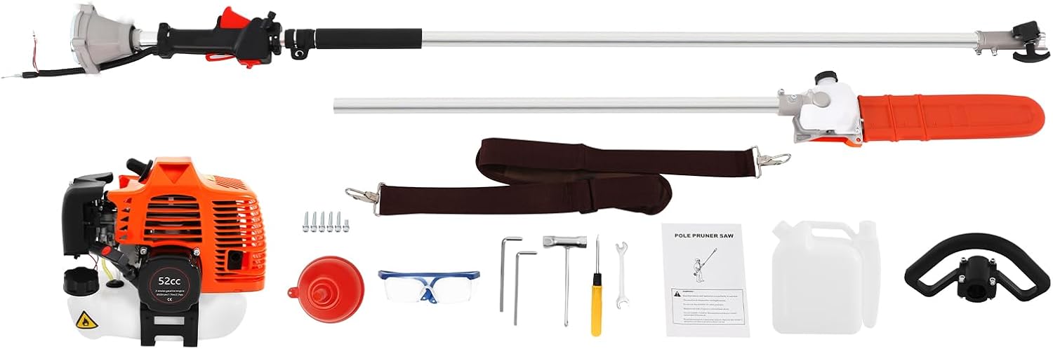52cc 2-Stroke Gas Powered Pole Saw,3HP 6500RPM Chainsaw Cordless Tree Branches Pruner Hedge Trimmer w/Extension Pole Single Cylinder Air-Cooled Garden Tool,for Tree Hedge Trimming Bush Pruning