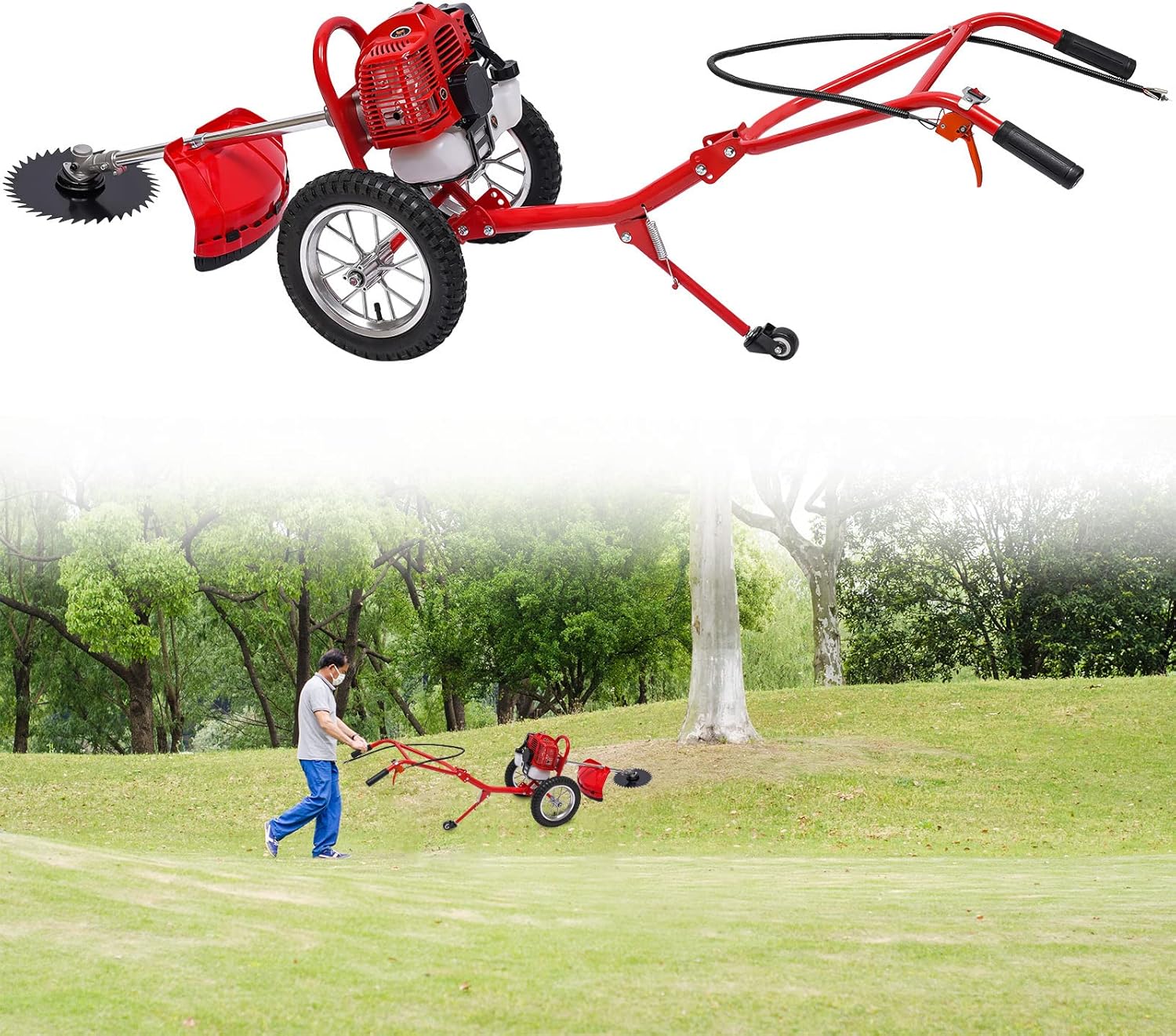 49CC Gas-Powered Hand Push Lawn Mower, 2-Stroke 2-in-1 Walk-Behind Push Grass Trimmer Brush Cutter, Handheld String Trimmer Tiller Weed Eater for Home Garden Yard,6500-7000 RPM