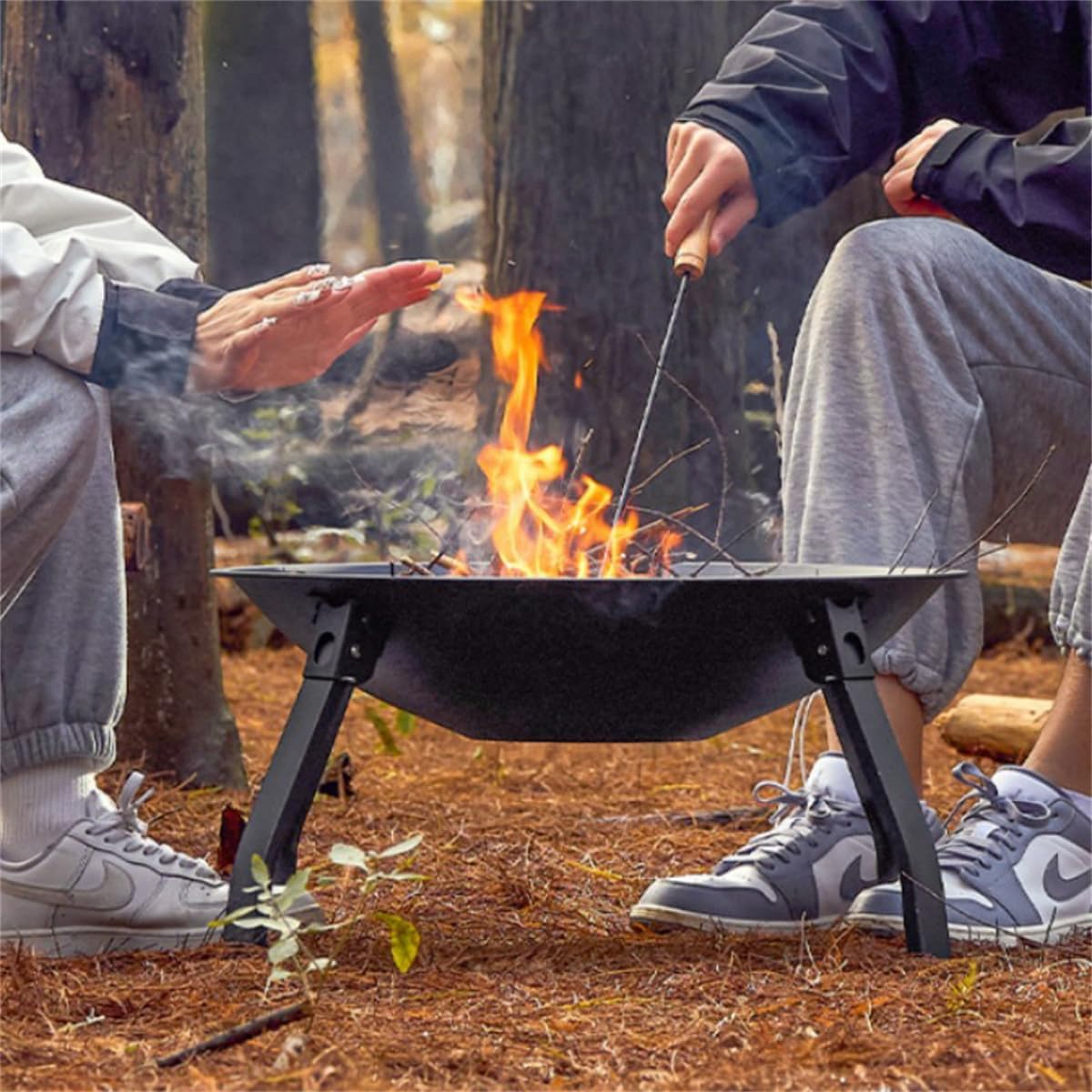 Folding Outdoor Fire Pit Bowl, Wood Burning Firepit BBQ Grill,Outdoor Garden Patio Heater,Metal BBQ Firepit Stove Backyard Garden Fireplace,Outdoor Heating,Round Table & BBQ