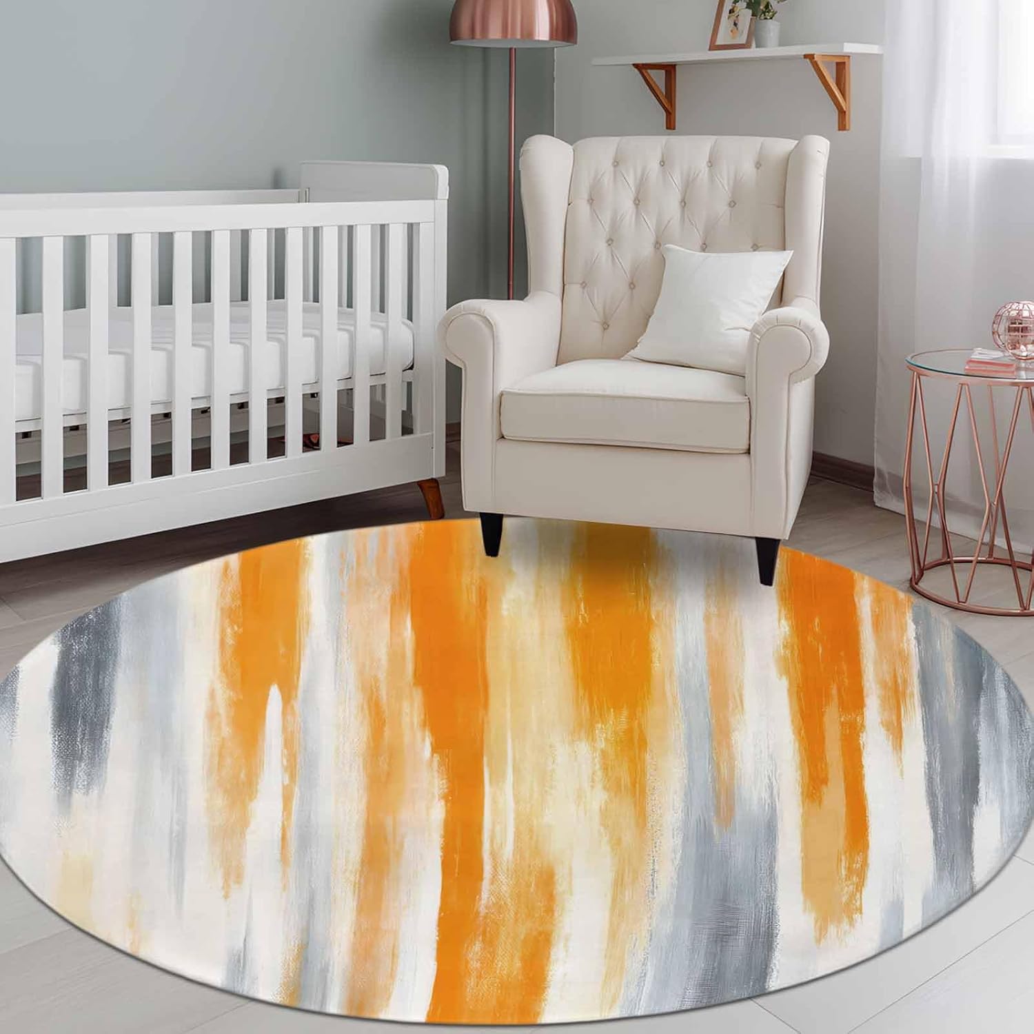 Round Area Rug,8ft Washable Circle Rugs Orange Gradient Oil Painting Style Soft Non-Slip Carpet Indoor Floor Mat for Home Living Room Bedroom Office,Gray Ombre Stripe