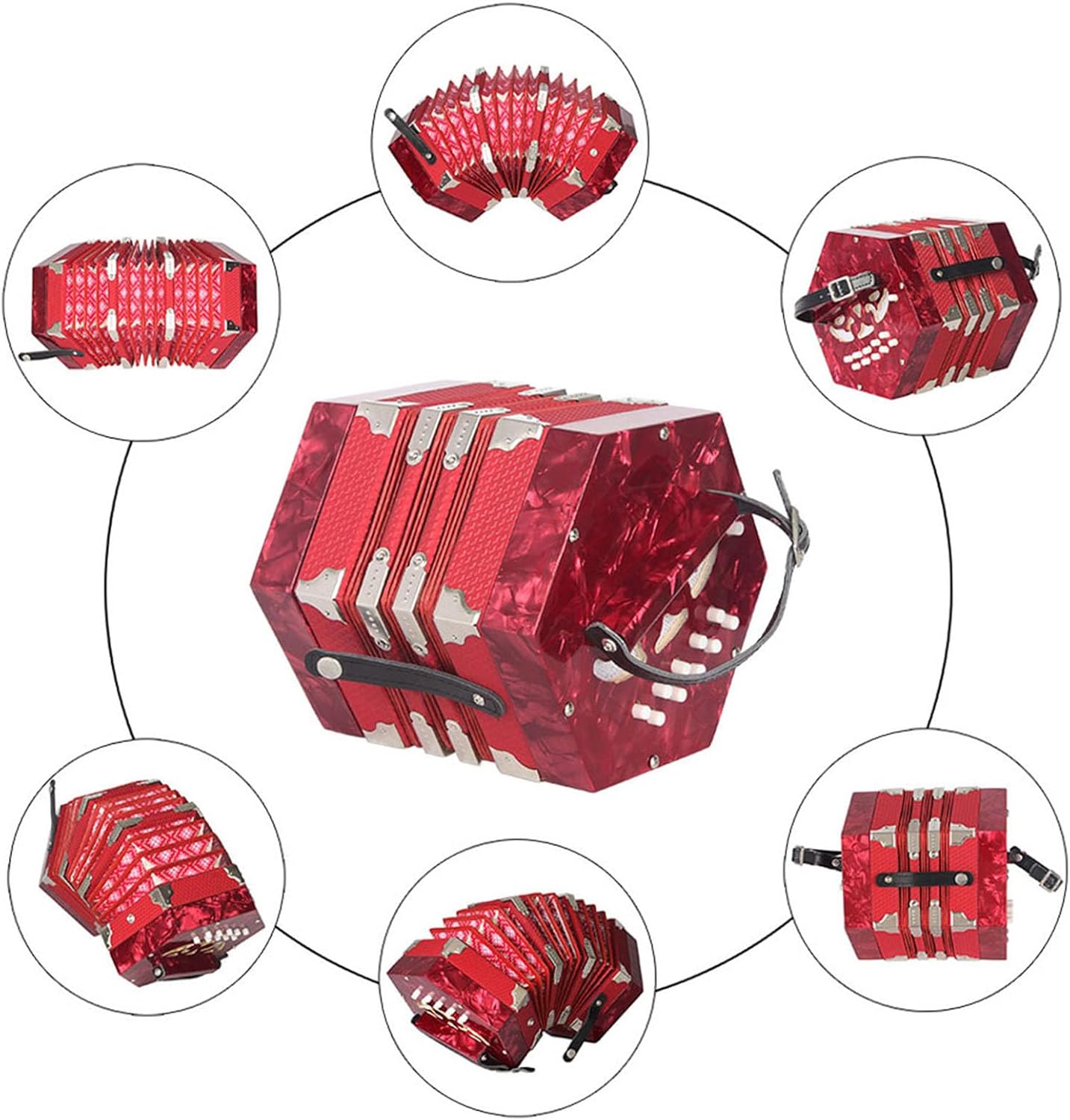 Anglo Concertina 20 Button 40 Reed GC Tuned, Red Pearloid Acordeon with Carrying Bag & Straps, Accordion Instrument for Adults Beginners, Folk Irish Music