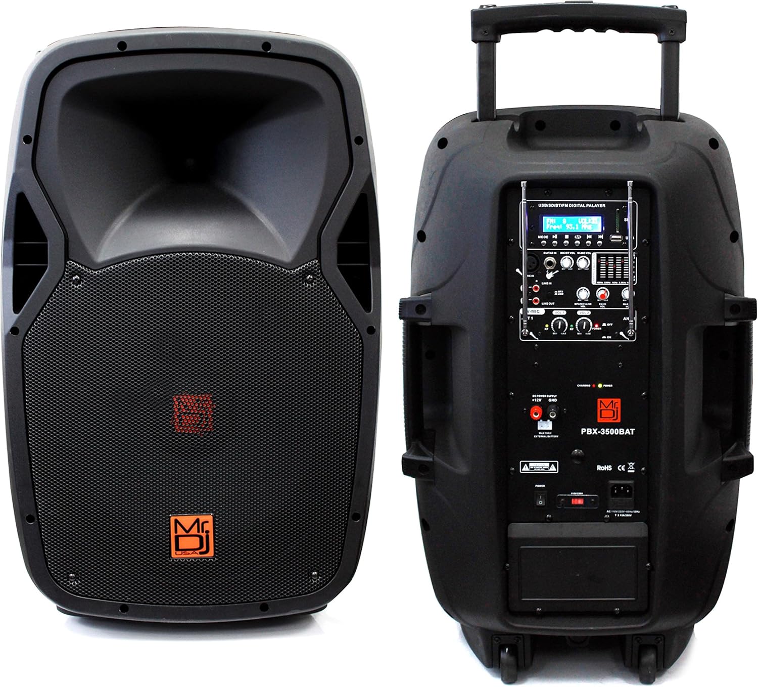 Mr. Dj PBX3500BAT 15-Inch 3500-Watt Max Power Speaker with Built-In Bluetooth, Battery, FM Radio, EQ, LCD, MP3, USB and SD