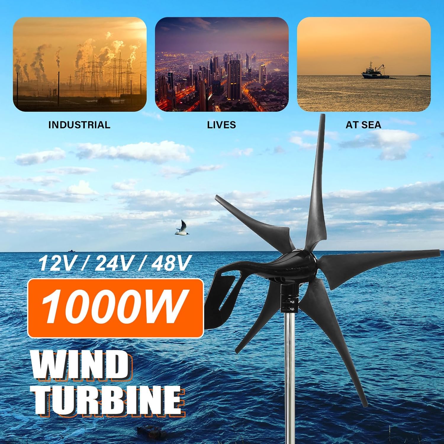 Wind Turbine Generator 1000W Horizontal Home Wind Generator Kit 12V / 24V / 48V with Controller and 5 Black Blades, Auto Adjust Windward Direction, for Home Outdoors Boat Camping,1000w,48V
