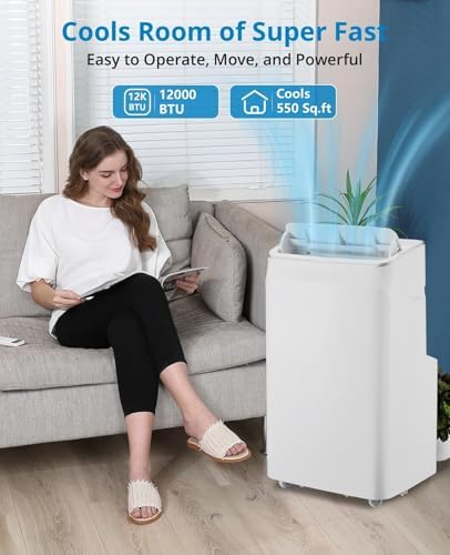 12,000 BTUs Portable Air Conditioners, 3-In-1 Portable AC Unit with Built-In Cool, Dehumidifier & Fan Modes for Room Up to 550 Sq.Ft., Remote Control, Sleep Mode, 24Hrs Timer