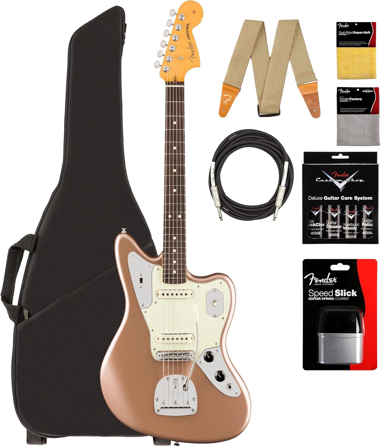 Fender American Professional Classic Jaguar - Faded Firemist Gold Bundle with Gig Bag, Strap, Cable, and Guitar Cleaning Kit