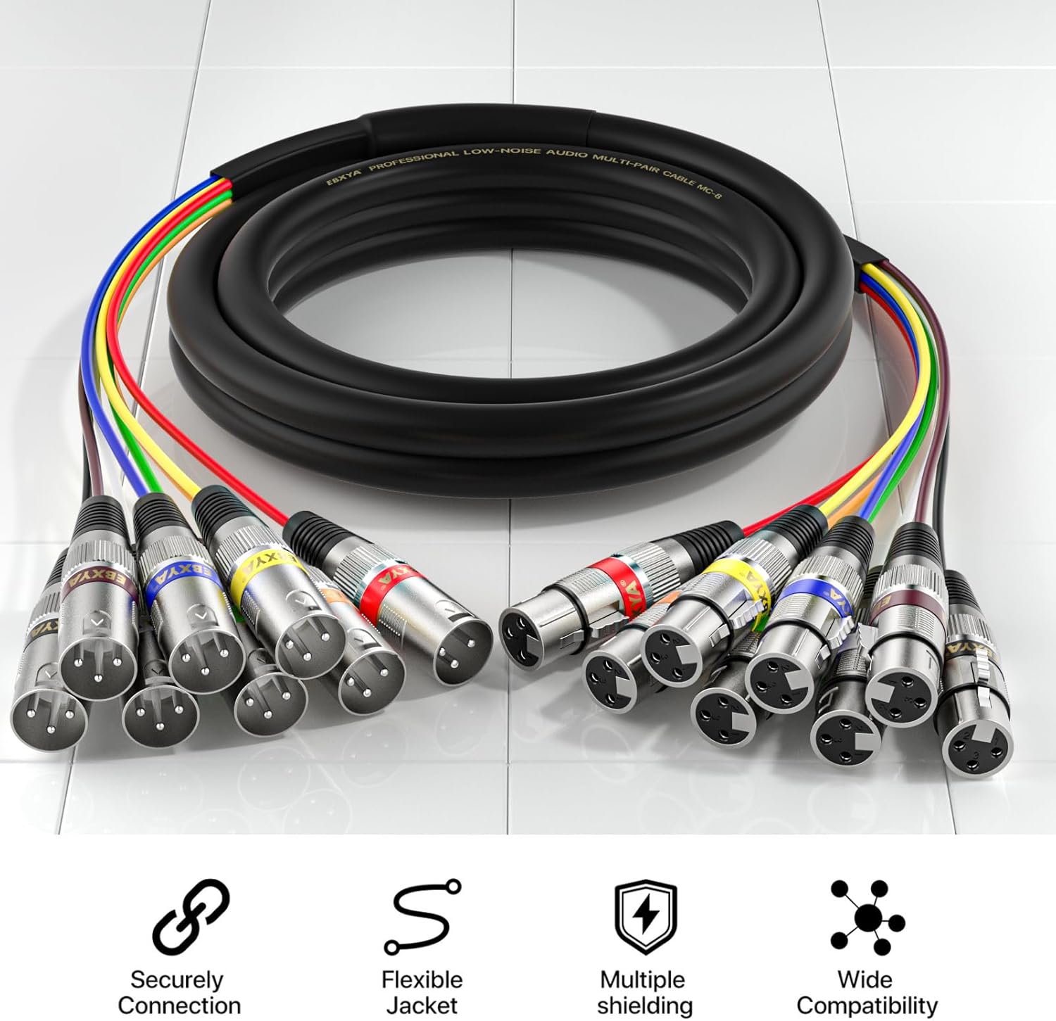 EBXYA 20 Feet XLR Snake 8 Channel - 8 Colored XLR Male to Female Cables, Recording Snake for Live, Recording, Studios