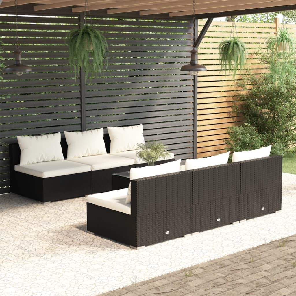 Garden Lounge Set Black PE Rattan, Powder-Coated Steel Frame, 6-Person Outdoor Patio Furniture Set with Glass Table, All-Weather Seating for Balcony & Deck