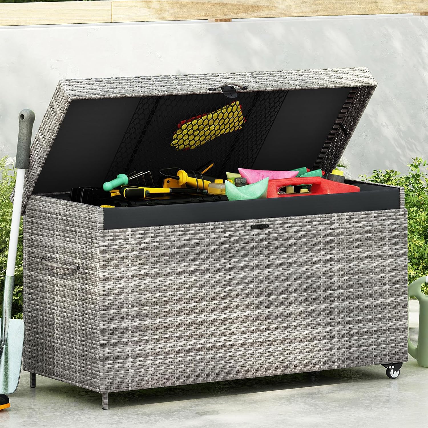 200 Gallon Rattan Deck Box, All-Weather Outdoor Storage Box with Wheels, Portable Storage Bin for Patio Furniture, Outdoor Cushions, Pool Storage and Garden Tools, Grey