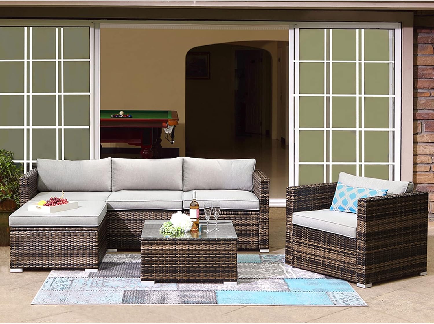 COSIEST 6-Piece Outdoor Furniture All-Weather Mottlewood Brown Wicker Sectional Sofa w Warm Gray Thick Cushions, Glass-Top Coffee Table, 1 Teal Pattern Pillows Incl. Clips