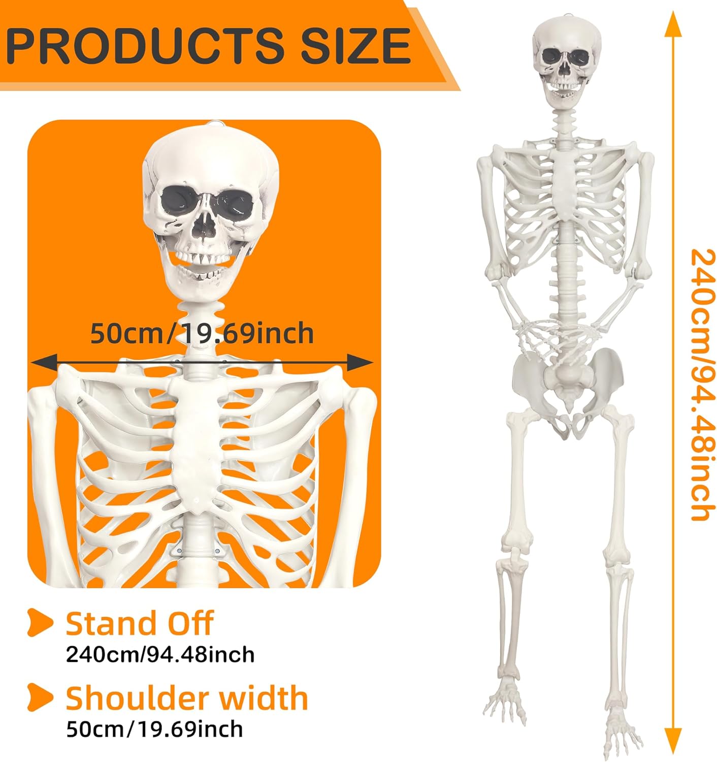 Lodou 1PC 7.9ft/240cm Halloween Giant Skeleton Full Body Realistic Human Bones with Adjustable Joints for Indoor Outdoor Halloween Decor