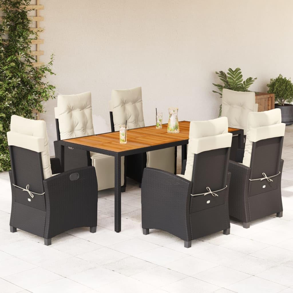Furniture Sets 7 Piece Patio Dining Set with Cushions Black Poly Rattan,Premium Outdoor Dining Set with Adjustable Backrests and Cushions for Garden, Patio, and Backyard Garden Conversation Sets