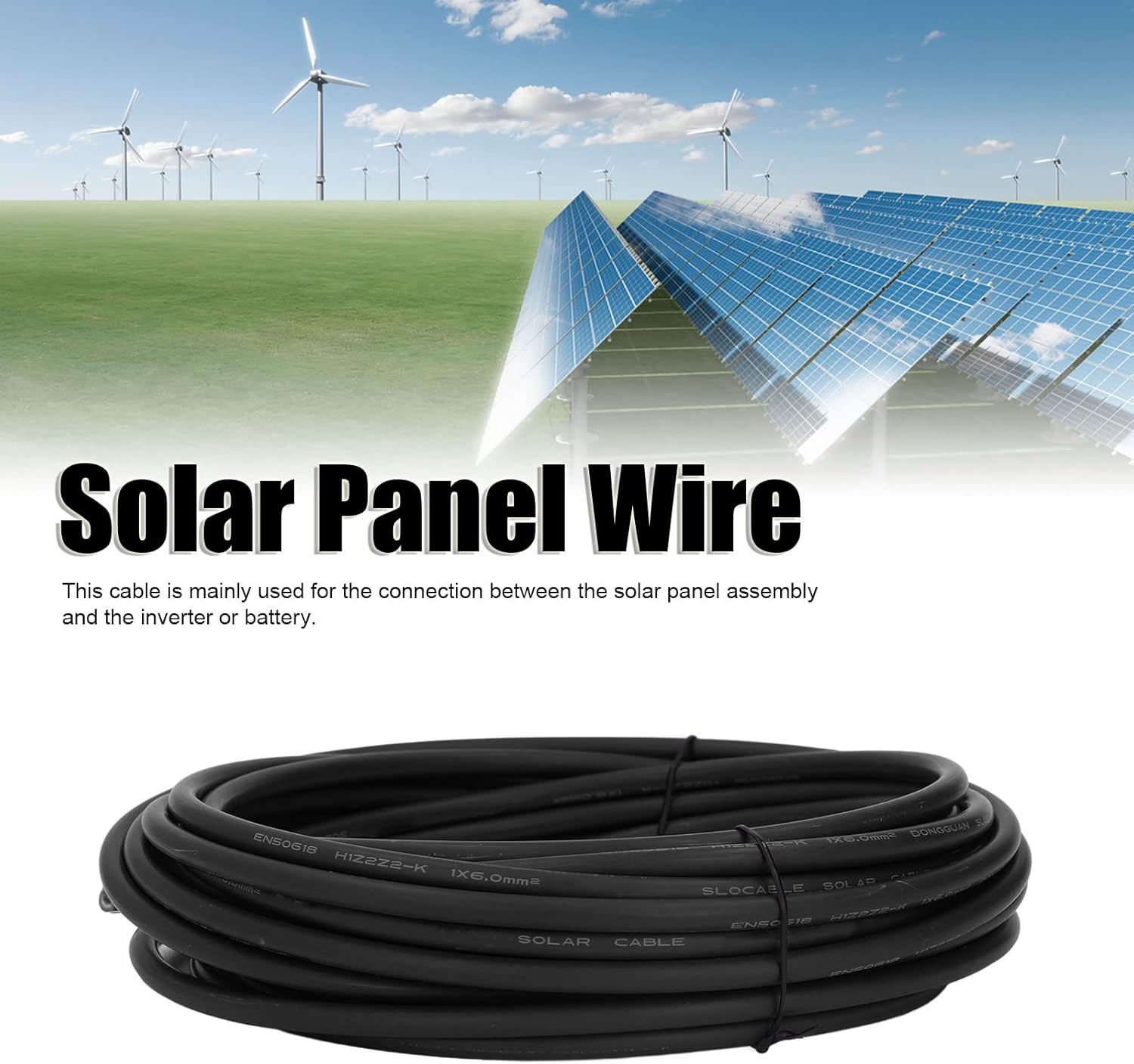 Fafeicy Solar PV Wire, Solar Photovoltaic Cable 6 Photovoltaic Cable Double Layer Insulation Tinned Copper, Solar & Wind Power Parts & Accessories (Black 50m/164ft)