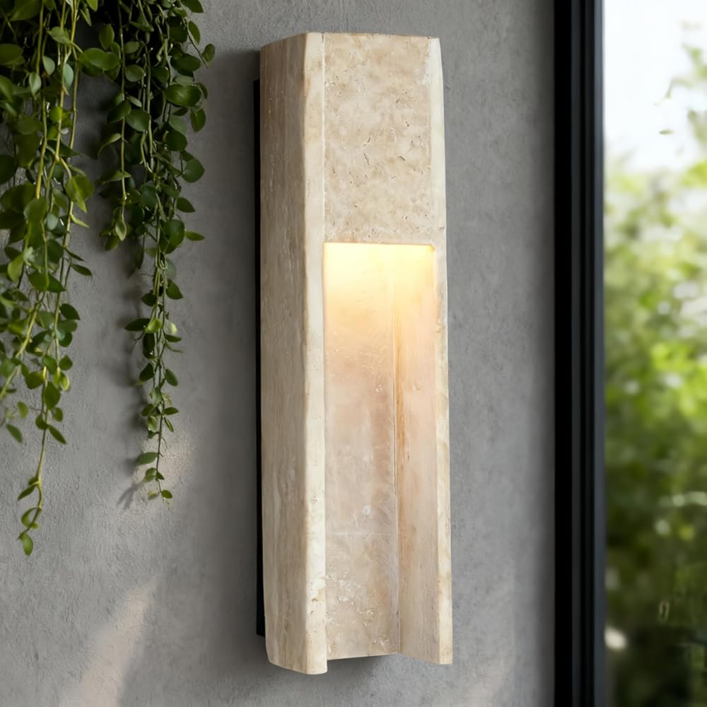 19 Inch Japanese Style Square Travertine Wall Sconce, Natural Stone Wall Light for Bedroom, Art Decor Wall Mounted Light for Living Room, Luxury Light Fixtures for Indoor