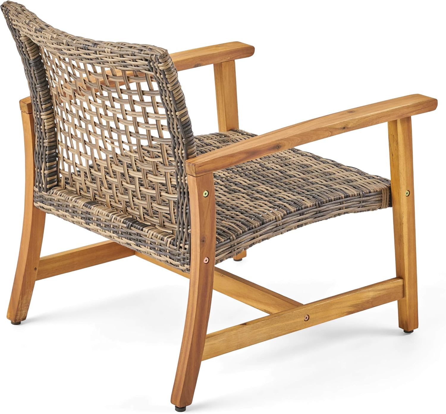 GDFStudio Outdoor 5 Piece Wood and Wicker Club Chairs and Fire Pit Set, Gray and Brown