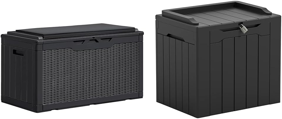 Greesum 100 & 31 Gallon Black Resin Deck Boxes for Patio Furniture, Garden Tools Storage