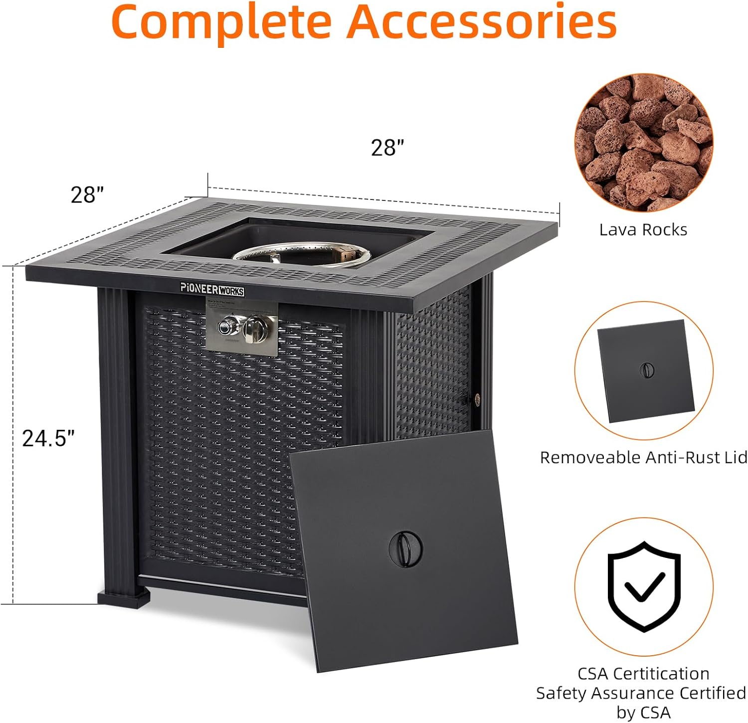 28 Inch Propane Fire Pit, CSA-Listed Outdoor Gas Fire Pit, 50,000 BTU Steel Fire Table with Lid and Lava Rock, Gas Fire Pits for Patio, Stainless Steel Burner Head for Warmth Ambiance Black