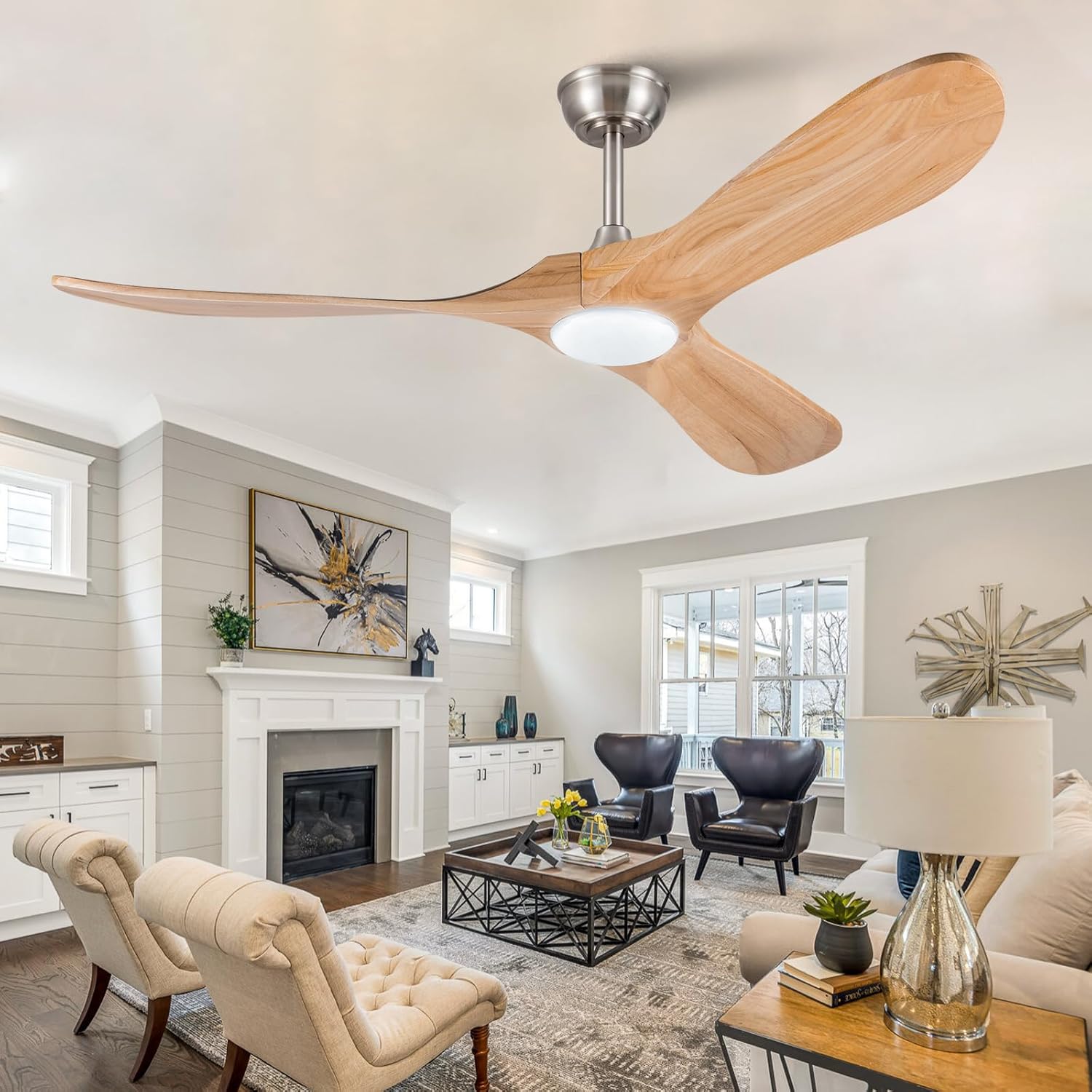 52 Inch Solid Wood Ceiling Fans with Lights and Remote Control,6 Speeds,Noiseless,Reversible DC Motor,Modern Ceiling Fan with Light for Indoor/Outdoor Bedroom,Patios(Natural Wood Grain)