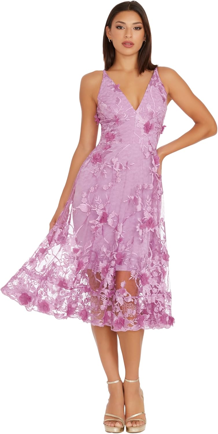 Dress the Population Women's Audrey Spaghetti Strap Midi A-line 3D Floral Dress, Lavender, XS