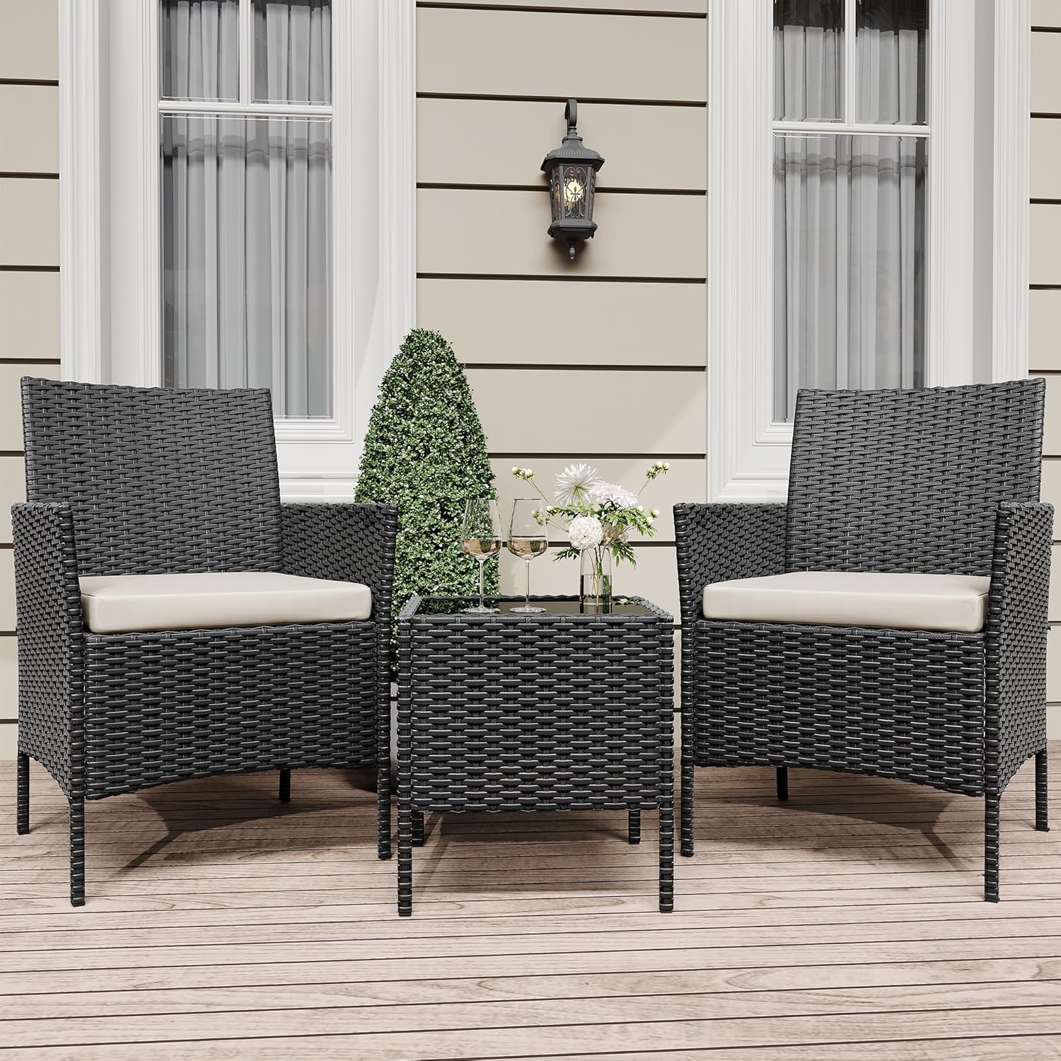 3 Piece Patio Furniture Set, Outdoor Deck Rattan Chair Wicker Combo Furniture, All Weather Dialogue Rattan Sofa With Upholstery and Glass Table for Garden, Backyard, Porch, Lawn, Pool, Black