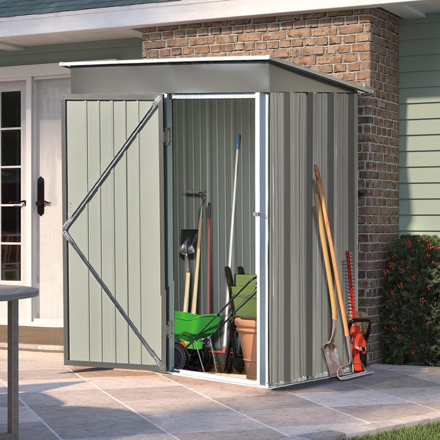 Outdoor Storage Shed, Galvanized Metal Lean-to Storage Shed with Lockable Door, 5 x 3 FT Tool Cabinet for Patio/Backyard/Lawn/Garden (Gray+Patio)