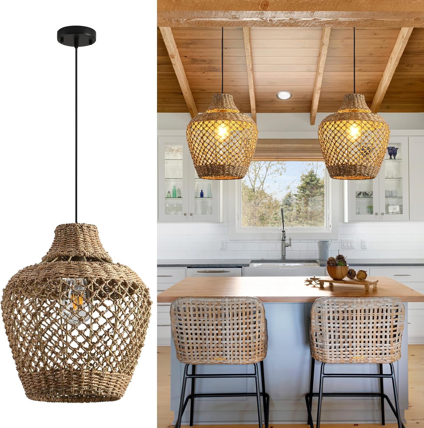 2-Pack Rattan Pendant Light,Bohemian 11.81” Wicker Chandelier,Hand Woven Hanging Seagrass Chandeliers Fixture, for Farmhouse Kitchen Island Boho Dining Living