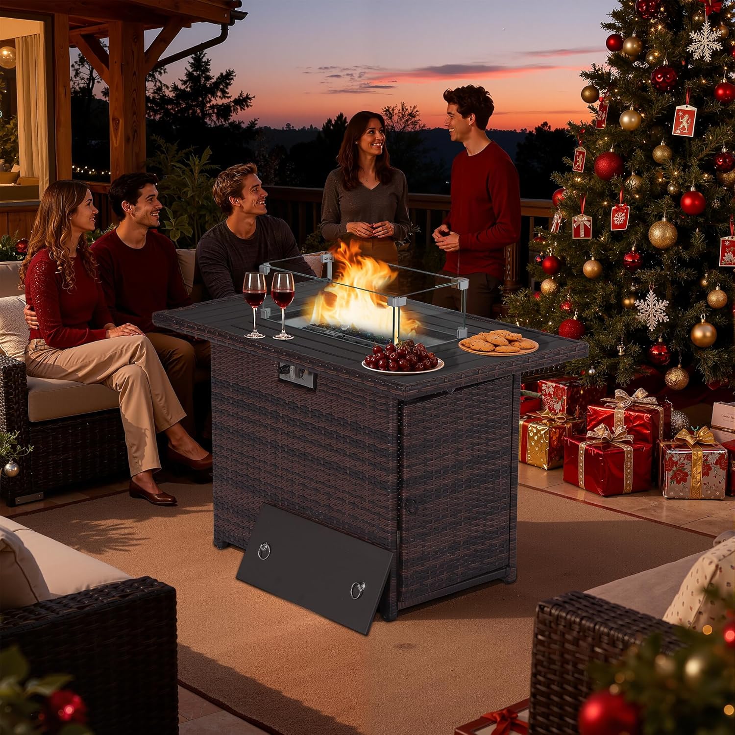 EortheX 44 Inch Propane Fire Pit, Steel Gas Fire Feature Table with Iron Lid,Glass Rock, Rain Cover and Tempered Glass Wind Guard for Outside Garden Backyard Deck Patio