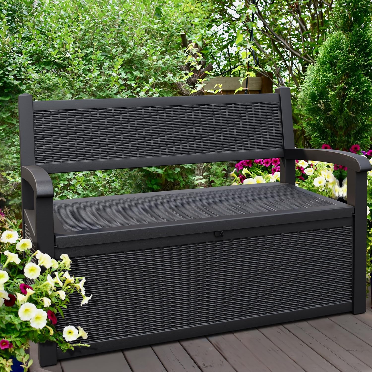 NUNU LAB 70 Gallon Outdoor Storage Bench Deck Box, Lockable Patio Furniture,Resin Outdoor Bench with Armrest,Waterproof Garden Decor,outdoor storage box,for Garden Tools,Cushions and Pool Supplies