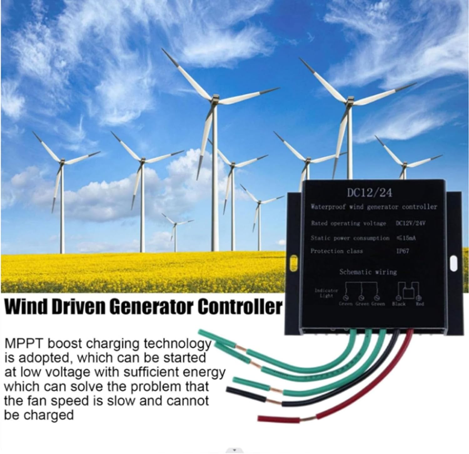 12000W Waterproof Wind Turbine Charge Controller Low Wind Speed DC 12V 24V 48V 220V Wind Generator Battery Charge Controller for Wind Turbine and The Battery,Black,12V