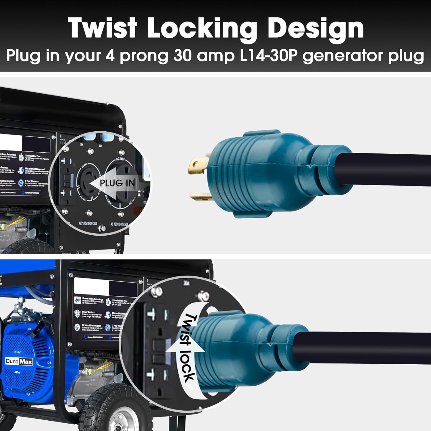 30 Amp to 20 Amp 110V Generator Distritution Cord with Circuit Breaker,NEMA L14-30P/Four 5-15R, 4 Prong 10 Gauge Flexible Generator Power Cord,30Amp 7500 Watts (25FT)