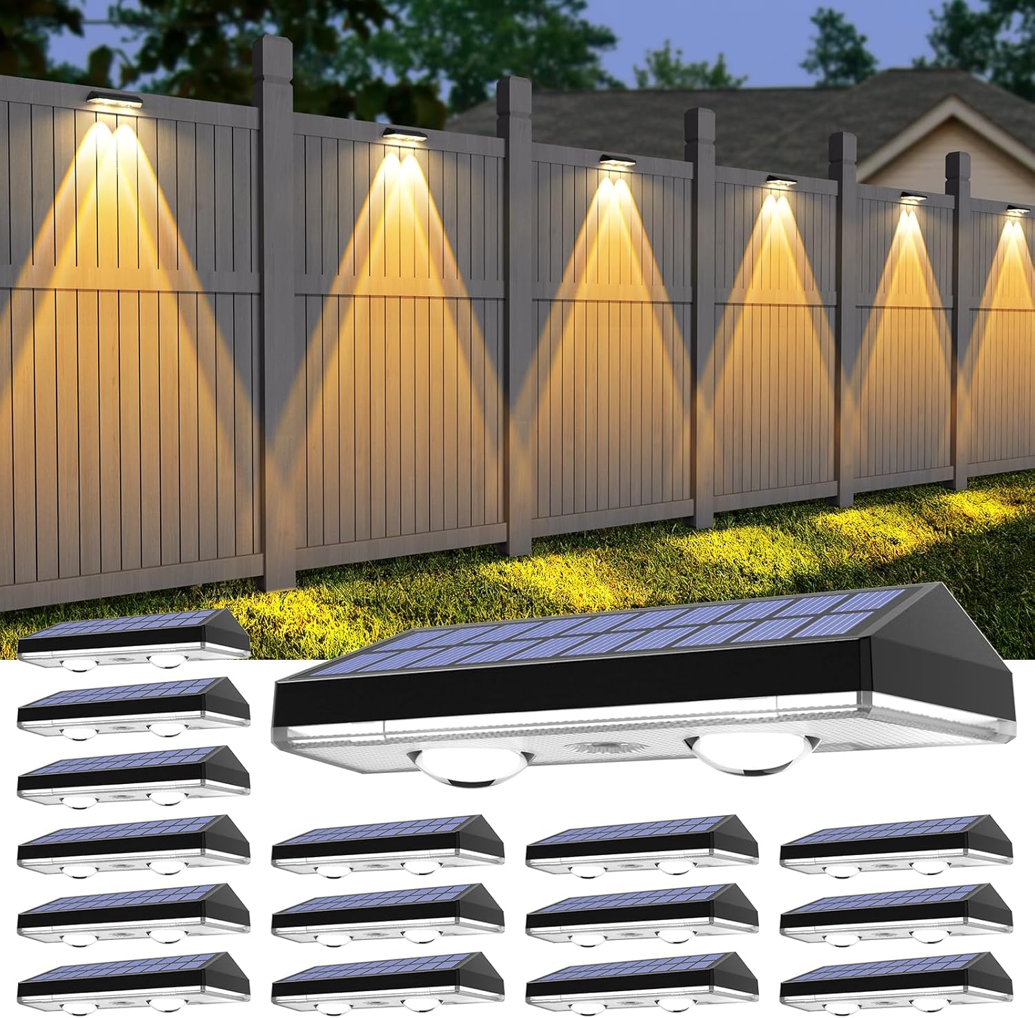 Solar Fence Lights Outdoor,2700/4000/6000K 3 Modes Bright Lens LED Dusk to Dawn Deck Light Outdoor Waterproof,Solar Outdoor Lights for Backyard/Railing/Wall (16Pack)