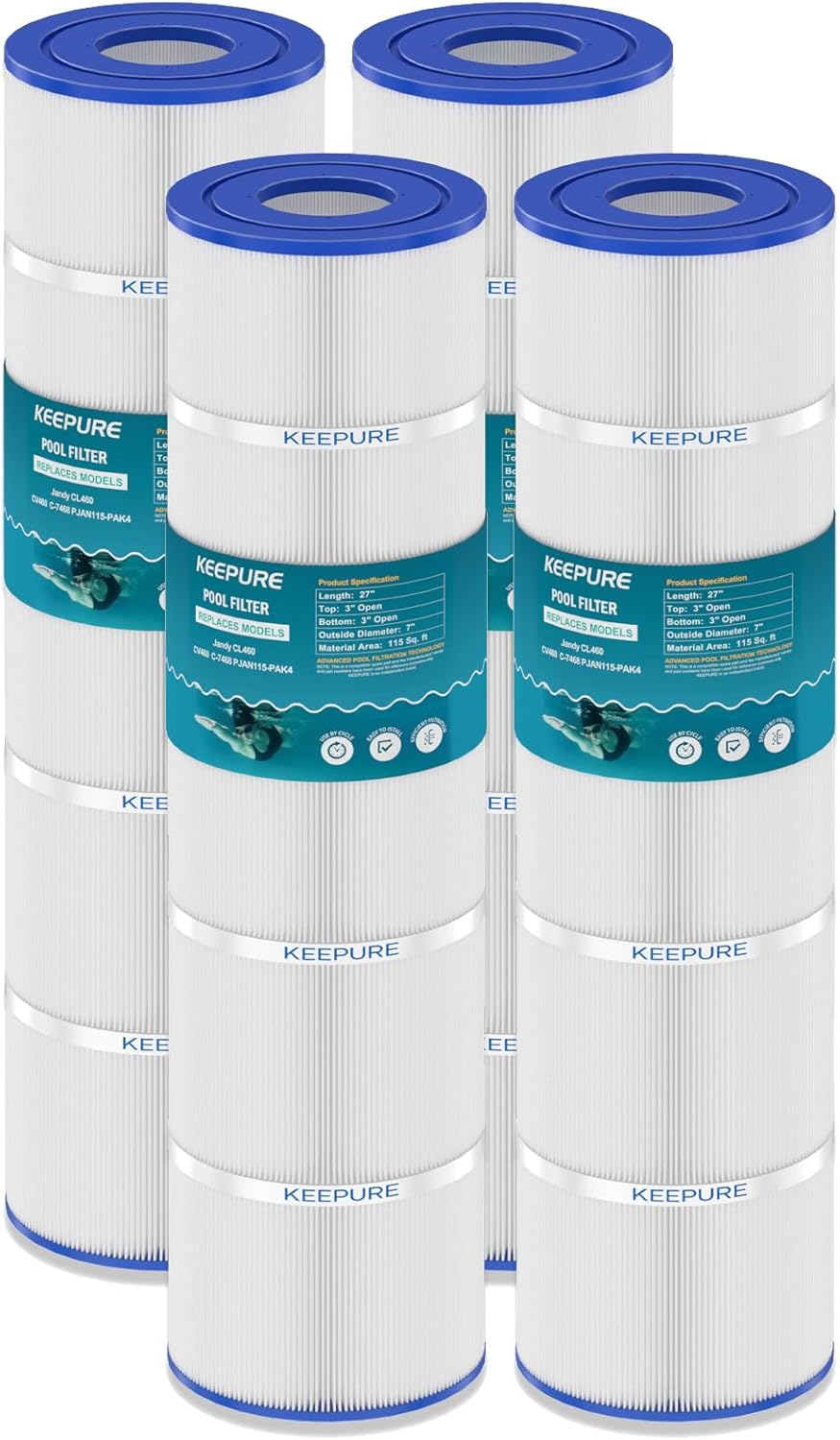 Jandy CV460 Pool Filter Cartridges Compatible with Jandy CL460, PJAN115, C-7468, FC-0810, FC-6410, A0558000, AK-60432, 4 x 115 sq.ft, 4Pack