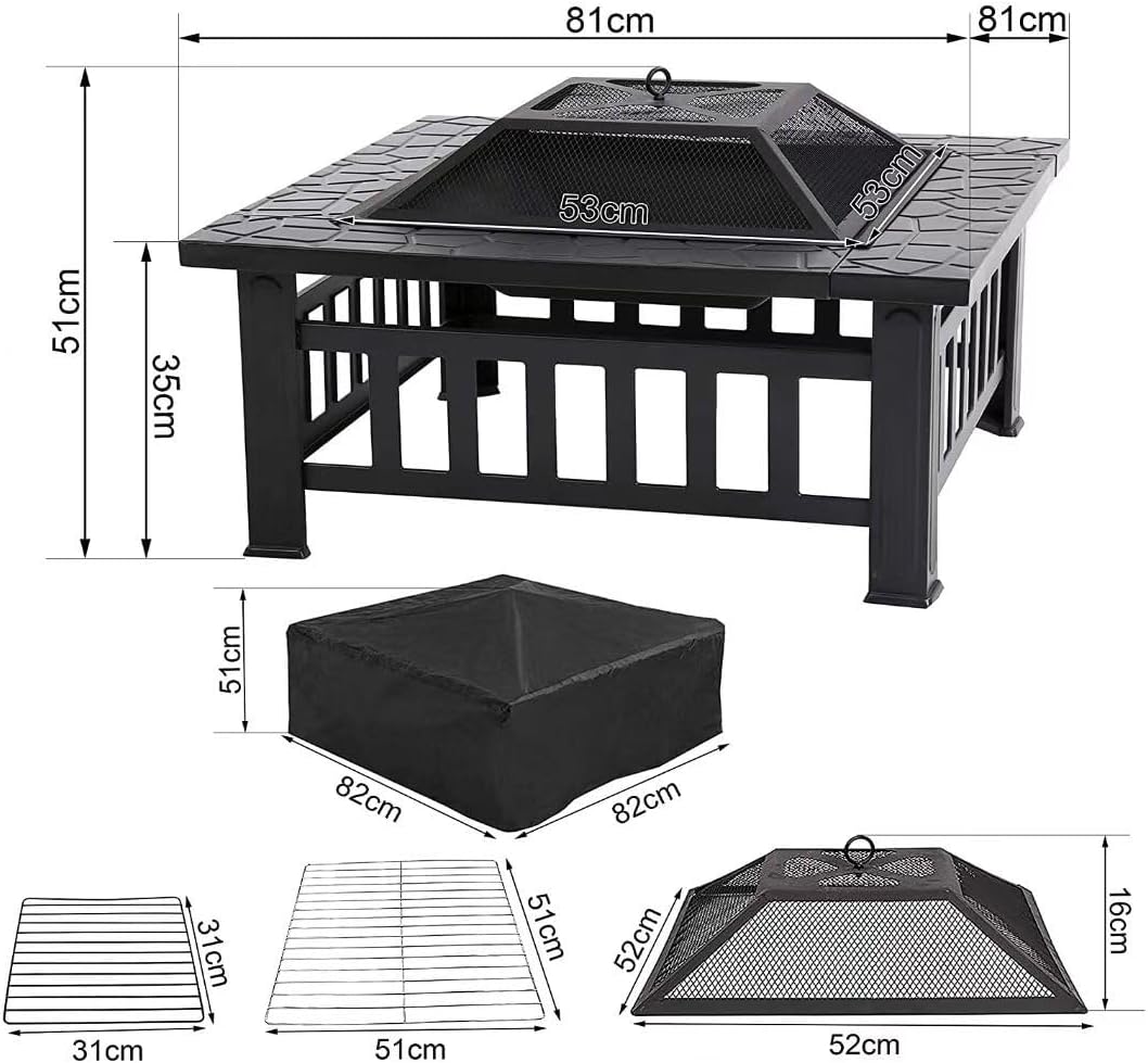 Outdoor Fireplaces Outdoor Metal Wood Burning Square Fire Pit Portable Garden Courtyard Bowl Spark Screen Cover Fire Pits